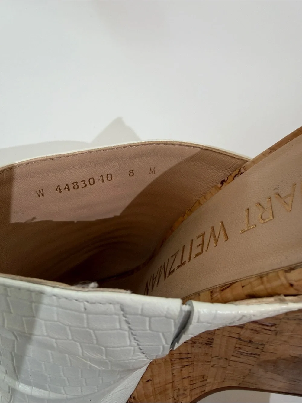 Stuart Weitzman High Heel Cork Wedge Slide Size 8 White Croc Embossed - Picture 5 of 9